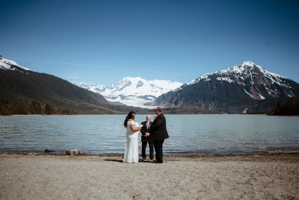 Shayla Brandstetter and her husband on their wedding day at Mendenhall Glacier in Juneau, Alaska